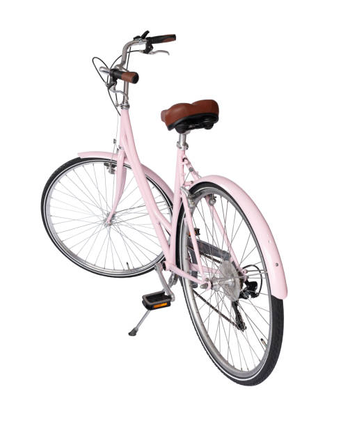 istock Pink retro bicycle with brown saddle and handles, generic bike back view 1756465220