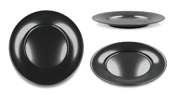 Vector illustration of Set of 3 black round empty plates, side view iand top view