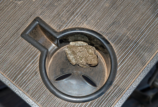 A cup holder in an outdoor lawn chair became the favorite little hiding place for this cute and ugly toad in Missouri. Bokeh.