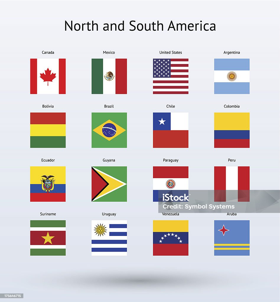 Vector illustration North and South American flags Illustration of four rows of North and South American flags against a light blue background.  Every flag is the same square shape.  The first row features a Canadian flag, a Mexican flag, an American flag and an Argentinean flag.  The second row features a Bolivian flag, a Brazilian flag, a Chilean flag and a Colombian flag.  The third row features an Ecuadorian flag, a Guyana flag, a Paraguay flag and a Peruvian flag.  The fourth row features a Suriname flag, a Uruguay flag, a Venezuelan flag and an Aruban flag. Flag stock vector