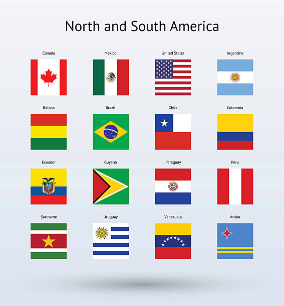 Vector illustration North and South American flags Illustration of four rows of North and South American flags against a light blue background. Every flag is the same square shape. The first row features a Canadian flag, a Mexican flag, an American flag and an Argentinean flag. The second row features a Bolivian flag, a Brazilian flag, a Chilean flag and a Colombian flag. The third row features an Ecuadorian flag, a Guyana flag, a Paraguay flag and a Peruvian flag. The fourth row features a Suriname flag, a Uruguay flag, a Venezuelan flag and an Aruban flag. latin american flags stock illustrations