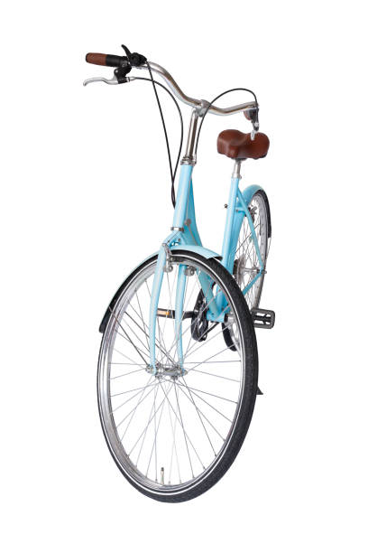 istock Blue retro bicycle with brown saddle and handles, generic bike front view 1756467458
