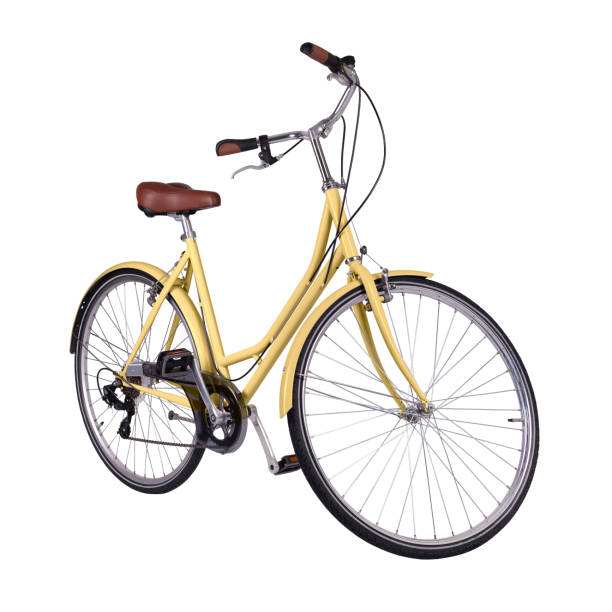 istock Yellow retro bicycle with brown saddle and handles, generic bike side view 1756467982