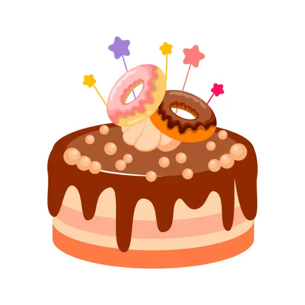 Vector illustration of Festive Chocolate Cake with Donuts, Marshmallows and Chocolate Balls
