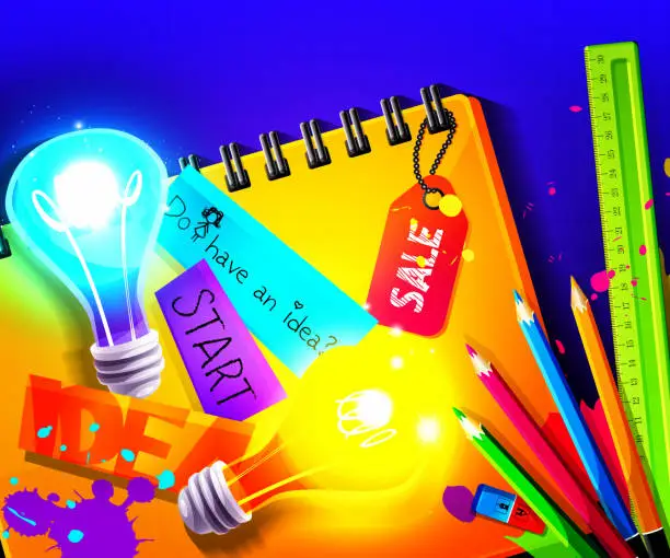 Vector illustration of Concept of discounts and ideas in cartoon style. Burning light bulbs with colorful pencils with motivational stickers on an abstract color background.
