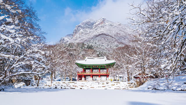 Time lapse  winter landscape at Baekyangsa Temple covered with snow