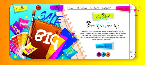 Vector illustration of Creativity and e-commerce concept in cartoon style. A folder with multi-colored paper, a color palette, a brush with stickers and multi-colored blots. Creative paper web page with place for text.