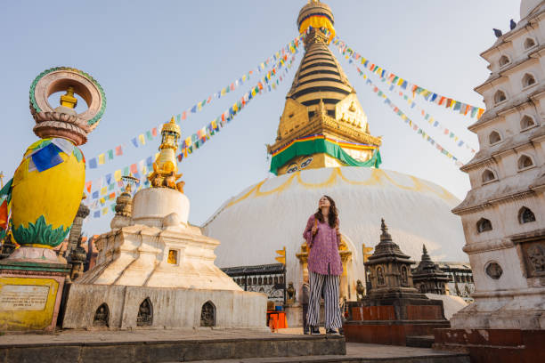 istock Woman exploring  monkey temple  in Kathmandu 1756509275