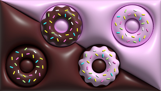 Chocolate and Strawberry Cream Donuts Abstract Background. 3D Balloon Effect. 3d render collection of doughnuts.
