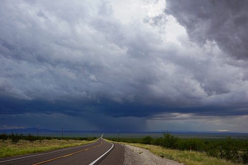 Dramatic view of thunderstorm on the road to Marathon, Texas