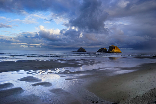 Three Arch Rocks National Wildlife Refuge, Oceanside, Oregon, at sunrise