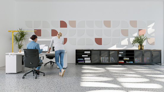An open plan modern office interior. All objects in the scene are 3D