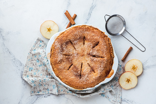 Apple tart crumble and pie with custard