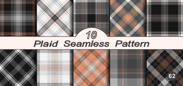 Black, white and orange set vector seamless check plaids pattern. Black, white and orange set vector seamless check plaids pattern. Straight and oblique scottish fashion texture. Checkered background. Of printing on fabric, shirt, textile, curtain, tablecloth tsp stock illustrations