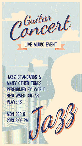ilustraciones, imágenes clip art, dibujos animados e iconos de stock de cartel de concierto de guitarras jazz - light jazz