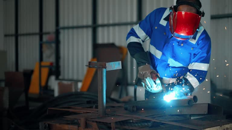 Workers at a construction site are welding steel bars to form a cement structure in a building construction, precast concrete wall factory.