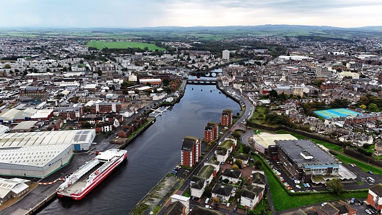 Ayr, United Kingdom – October 04, 2023: An aerial view of the  Ayr, Harbour, Scotland during cloudy weather