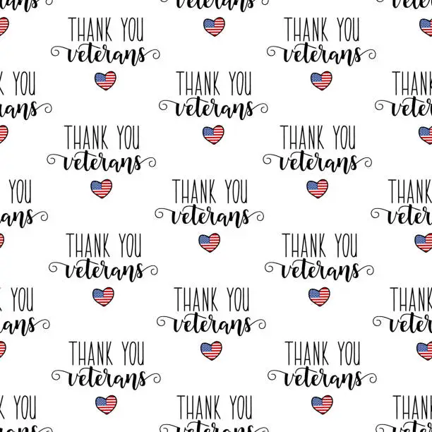 Vector illustration of US patriotic seamless pattern. Thank You Veterans lettering. November 11 holiday background. Print for textile, wallpaper, covers, surface. For fashion fabric.