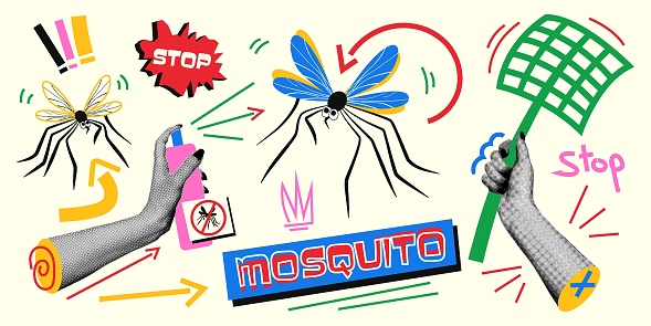 Collage with anti-mosquito elements. Vector illustration in retro collage style with halftone effect and doodle elements.