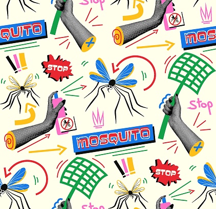 Colorful background on the theme of mosquitoes. Vector seamless print with collages in vintage style, halftone effect.