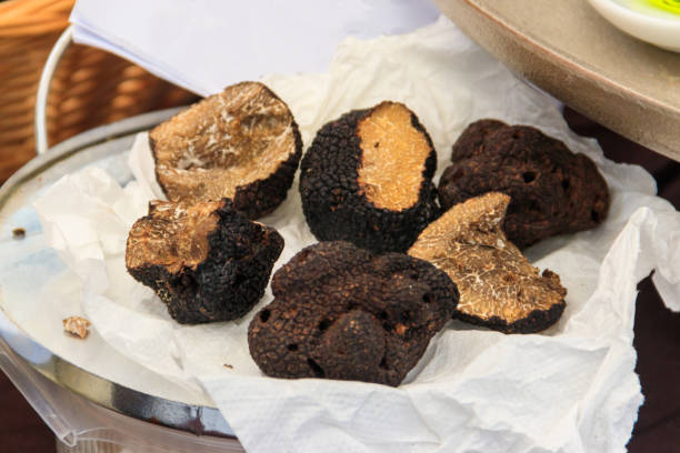 istock Expensive black truffles gourmet mushrooms on the plate on a table 1756594535