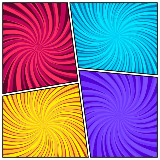Vector illustration of Colorful twisted comic book radial rays, lines. Comics background with motion, speed lines. Pop art style elements. Vector illustration