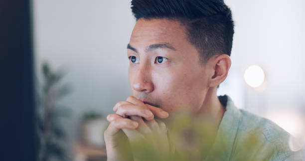 istock Business, thinking and Asian man with ideas, computer and research with solution, review and opportunity. Japanese person, consultant and employee with a pc, decision and choice with problem solving 1756597224