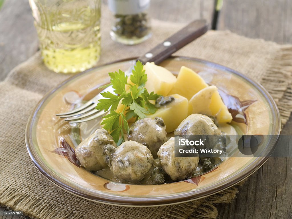 Meatballs Meatballs with sauce and boiled potatoes, selective focus Bowl Stock Photo
