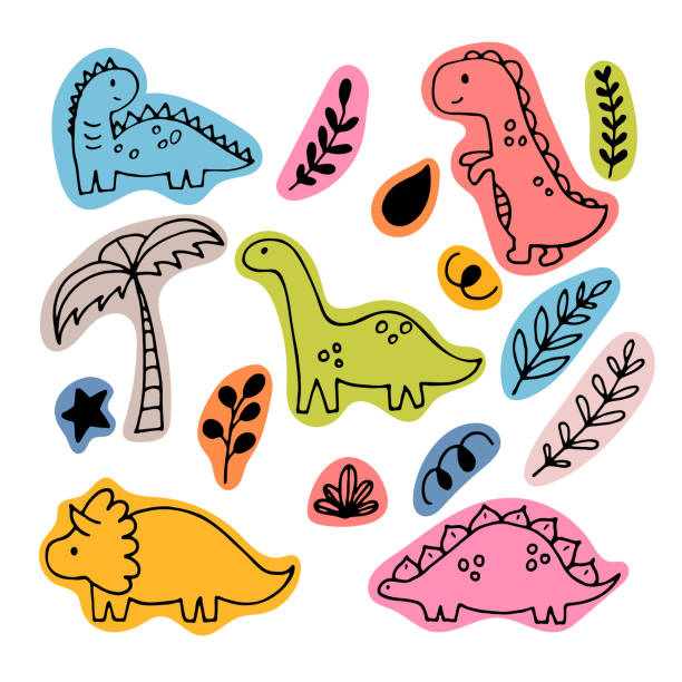 Cute hand drawn dinosaurs and tropical plants. Dino collection for kids. Funny coloured characters set Cute hand drawn dinosaurs and tropical plants. Dino collection for kids. Funny characters set. Vector illustration kid stickers stock illustrations
