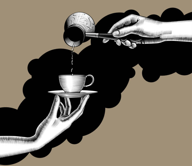Female hand pours coffee from a Turk into a cup in the other hand. Vintage engraving stylized drawing. Vector illustration