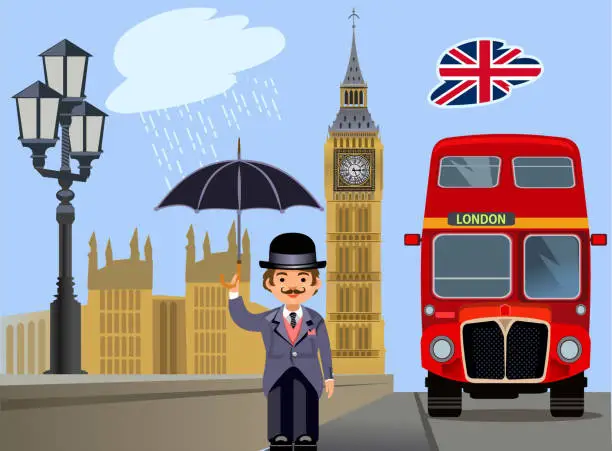 Vector illustration of London gentleman on the London Street. The Big Ben
