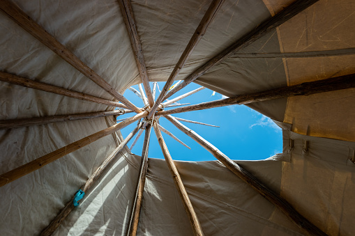 Interior, looking up, of a Native American teepee