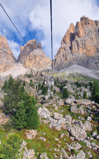 Portrait view of rocky mountains from Sassolungo cable car