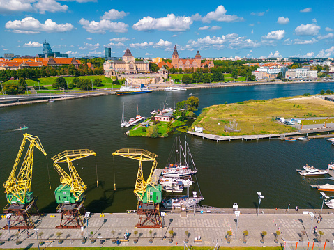 Aerial view of Szczecin city with Chrobry Embankment and old cranes summer Poland