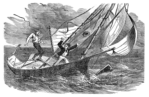 John and Charlie falling overboard as their boat “West Wind” breaks apart in The Young Ship-Builders of Elm Island by Elijah Kellogg. Vintage etching circa 19th century.