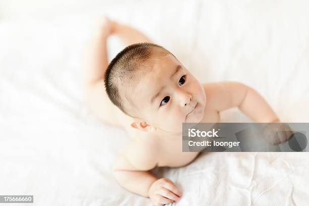Nu Doce Pequeno Bebê Menino Gatinhar Na Cama Branca - Fotografias de stock e mais imagens de 0-11 Meses