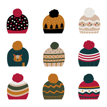 Vector set of knitted hats. Winter set of headwear. Cute hats in hand-drawn style. Cartoon vector illustration with white isolated background. Fall and winter season.