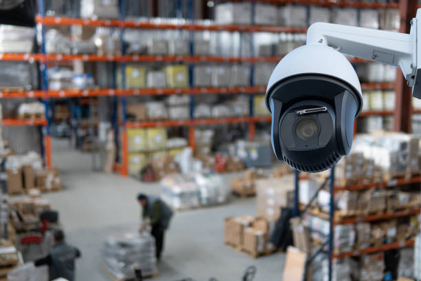 istock closed circuit camera Multi-angle CCTV system against the background of a modern warehouse complex. The concept of protection of goods 1756680759