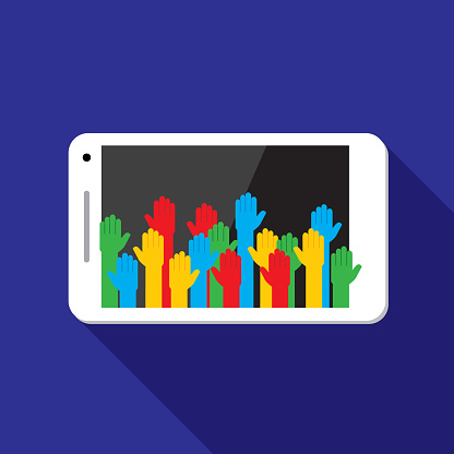 Vector illustration of a smartphone with multi-colored raised hands against a blue background in flat style.