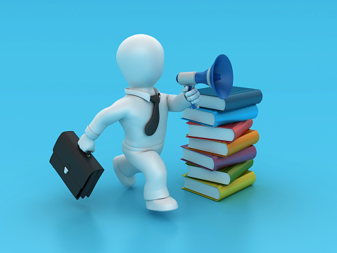 Stack of Books with Business Character and Megaphone - Color Background - 3D Rendering