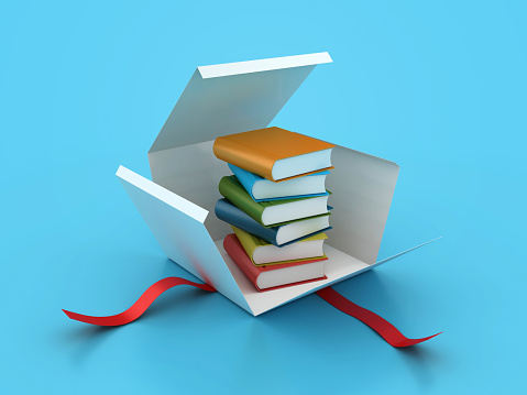 Stack of Books in Gift Box - Color Background - 3D Rendering