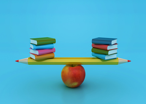 Books with Pencil and Apple Seesaw - Color Background - 3D Rendering