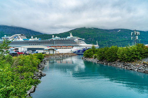 Whittier, Alaska - Aug. 2, 2023: Sapphire Princess Curise ship moored at Port of Whittier, Alaska, USA.