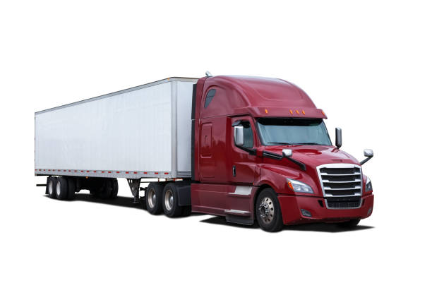 istock A cut out Red Semi Truck with Cargo Container on white background. 1756739676