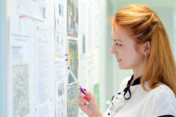 istock Young female student looking through job offers on board 175675910