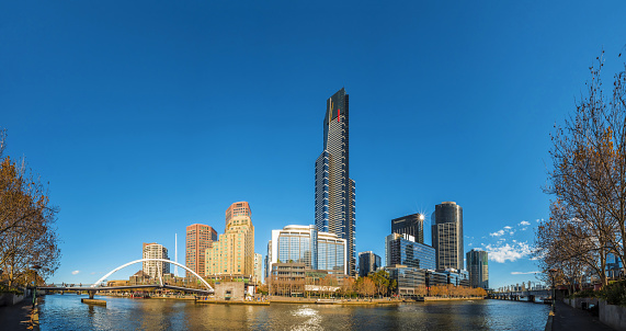 Panorama of the Southbank precinct on the banks of the Yarra River, Melbourne, Victoria, Australia