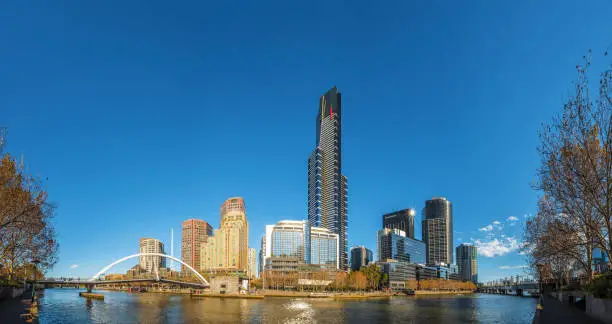 Panorama of the Southbank precinct on the banks of the Yarra River, Melbourne, Victoria, Australia