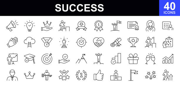 zestaw ikon internetowych sukcesu. sukces biznesowy - prosta kolekcja ikon cienkiej linii. zawiera przywództwo, cele, ambicje, osiągnięcia, wyzwanie, nagrodę, zwycięzcę, gwiazdę, puchar i wiele innych. zestaw prostych ikon internetowych - sukces stock illustrations