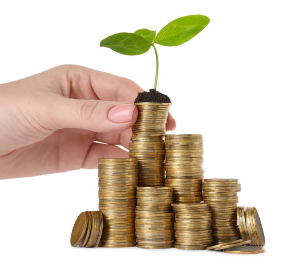 istock Woman putting coin with green sprout onto stack on white background, closeup 1756768082