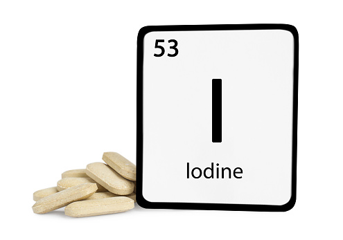 Card with iodine element and pills isolated on white